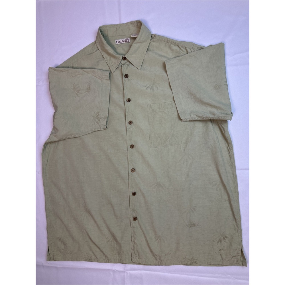 Caribbean Sage Green Short Sleeve Button Down Shirt Tonal Palm Tree Men's Sz 2XL